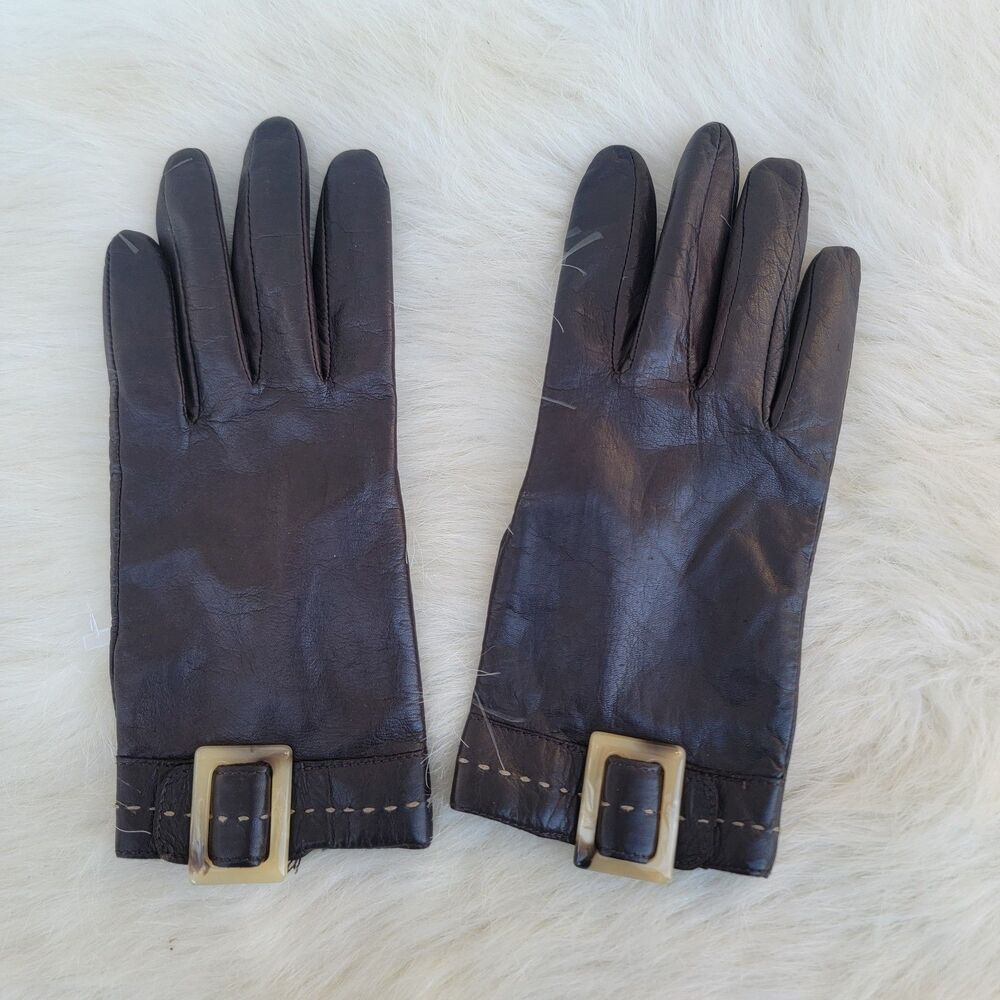 Nine West Dark Chocolate Leather Gloves Wmns Sz Large Buckle Embellished Soft